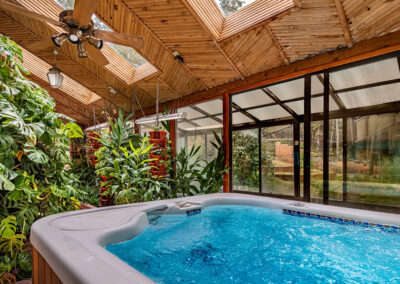 The lower atrium hot tub is ready to soothe the body after a day of outdoor recreation on the mountain.