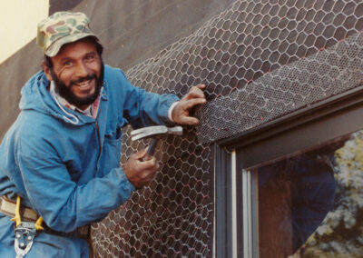 Mike Tafoya, Black Lake expert adobe mason, brick and tile layer, stucco artist preparing a wall for stucco plaster.
